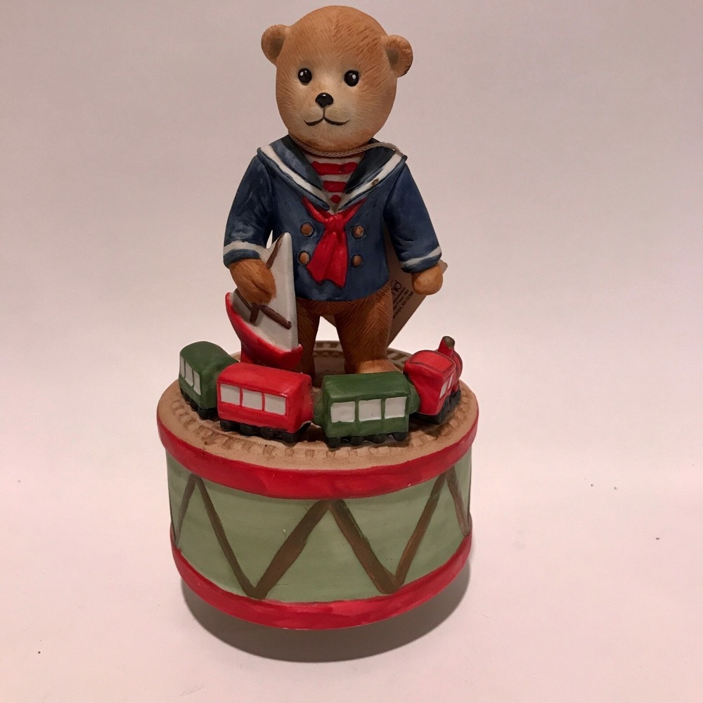 Schmid Teddy Bear With A Train "Around The World In 80 Days" Music Box EUC